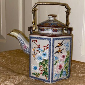 Vintage Antique Japanese Floral/Birds Porcelain Hexagon Teapot Brass Handle